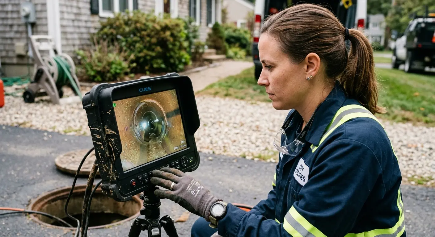 Technician reviewing sewer camera inspection footage in Wyndham