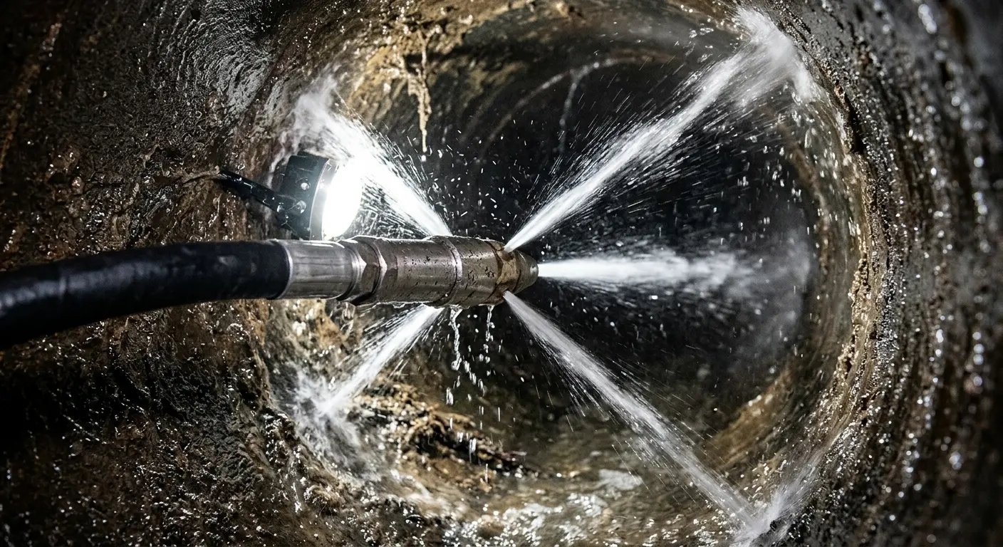 High-pressure hydro jetting nozzle cleaning sewer pipe for Sewer Cleanout in Wyndham