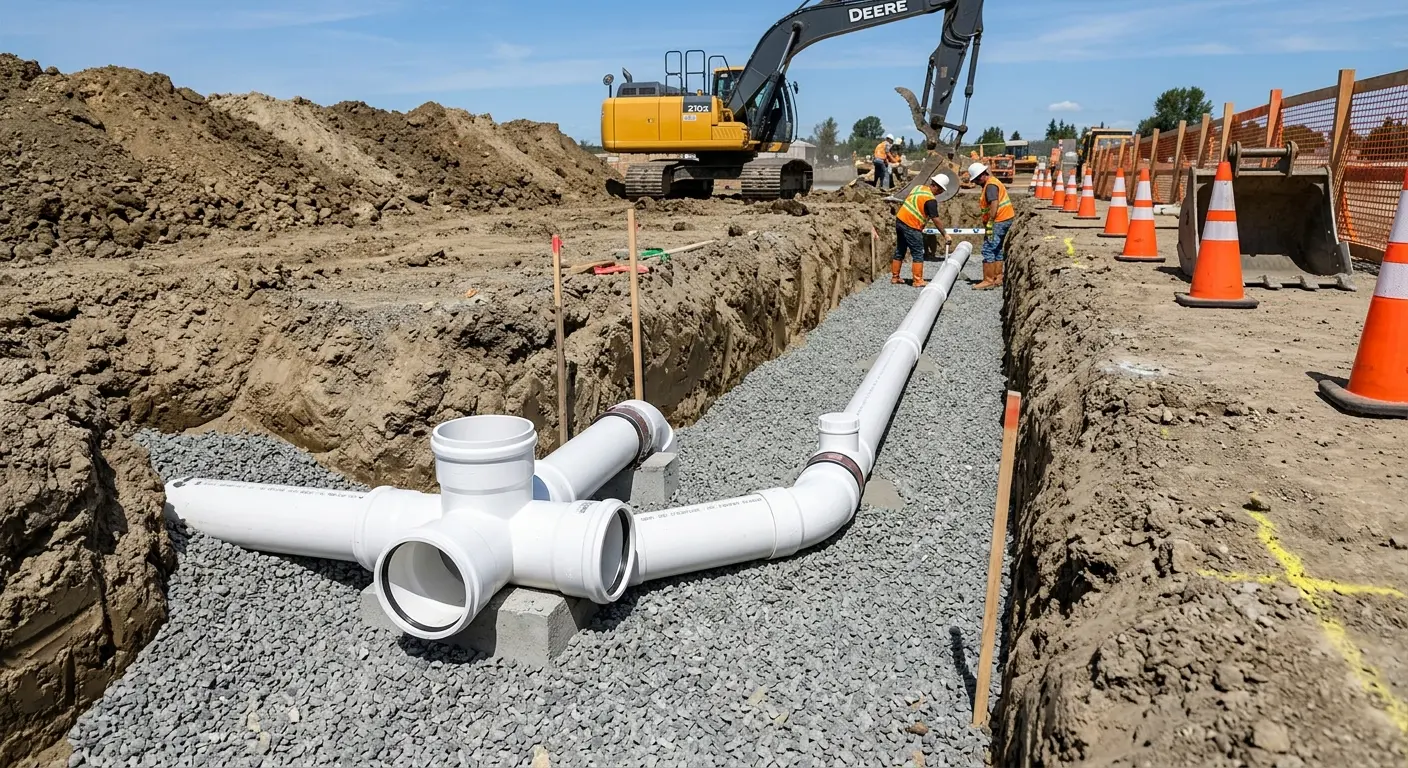 New PVC sewer pipe installation in open trench for Commercial Drain Cleaning in Wyndham